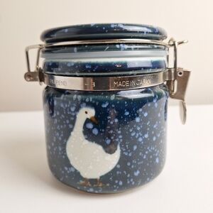 Vintage Otagiri Canister Blue Speckled Goose Hinged Lid Ceramic 4.5" Tall